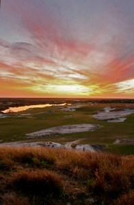 A view from No. 1 Blue teebox looking over the fairway and No. 18 Blue fairway at Streamsong Golf Course.