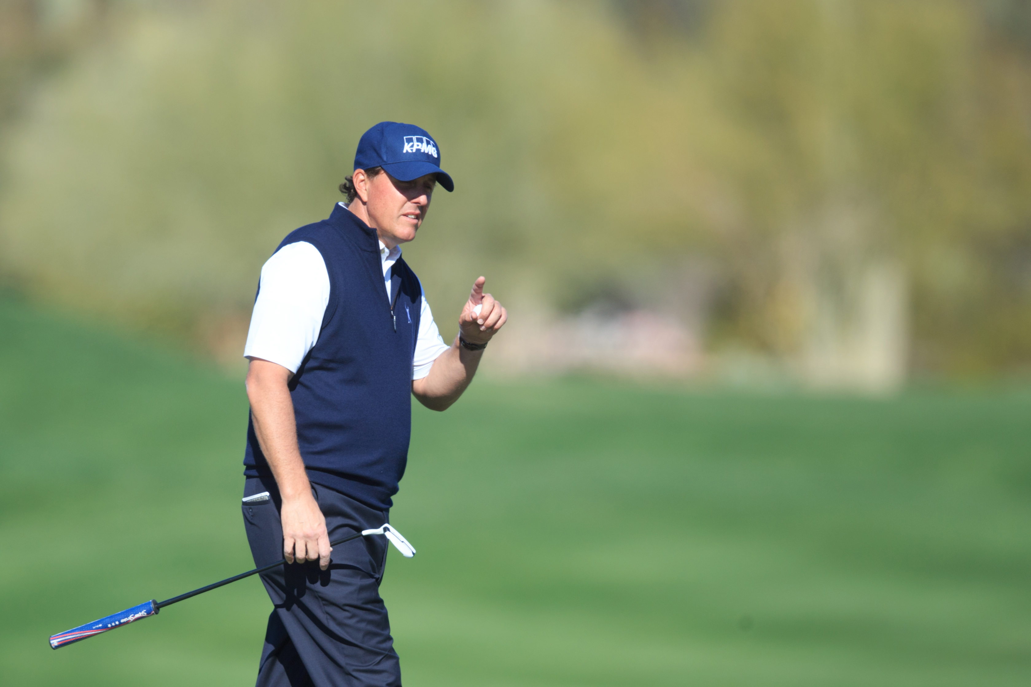 Feb 5, 2017; Scottsdale, AZ, USA; Phil Mickelson reacts on the green of the second during the final round of the Waste Management Phoenix Open golf tournament at TPC Scottsdale. Mandatory Credit: Allan Henry-USA TODAY Sports