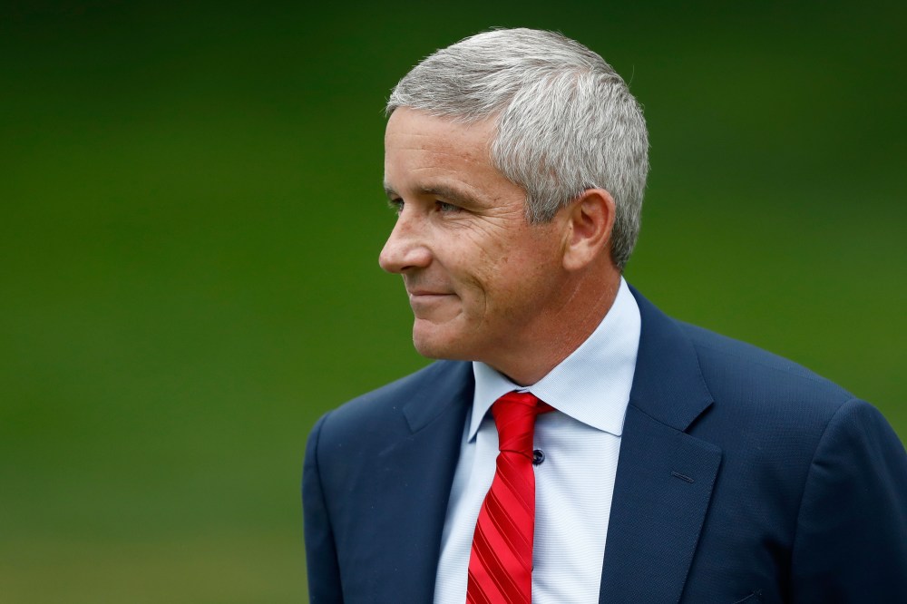 AKRON, OH - AUGUST 06: PGA TOUR commissioner Jay Monahan speaks during the final round of the World Golf Championships - Bridgestone Invitational at Firestone Country Club South Course on August 6, 2017 in Akron, Ohio. (Photo by Sam Greenwood/Getty Images)
