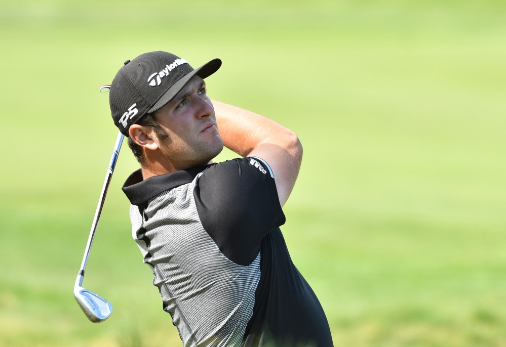 Sep 2, 2017; Norton, MA, USA; Jon Rahm hits out of the roughon the 15th hole during the second round of the Dell Technologies Championship golf tournament at TPC of Boston. Mandatory Credit: Mark Konezny-USA TODAY Sports