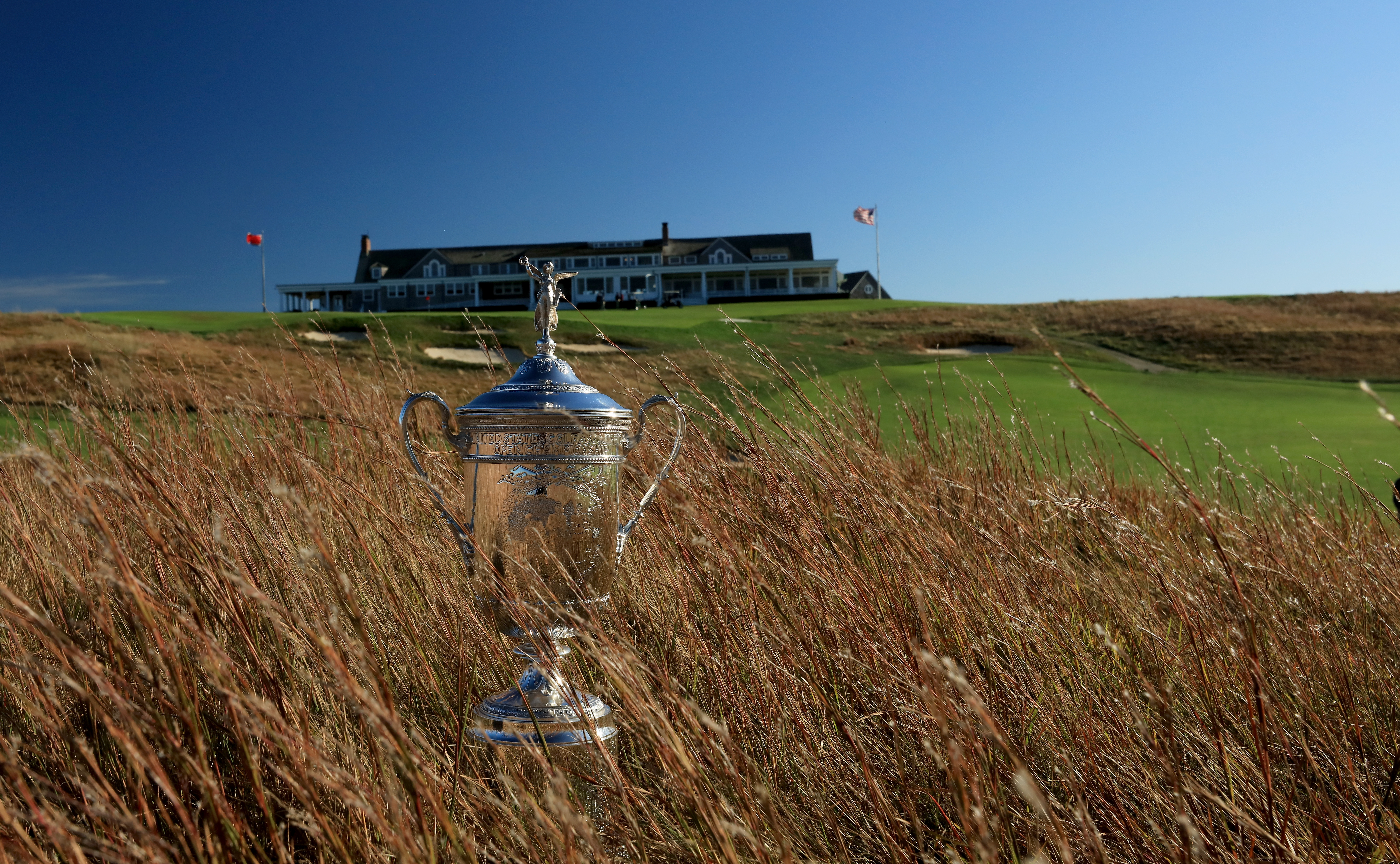 SOUTHAMPTON, NY - OCTOBER 04: EDITORS NOTE: Polarising filter used on the camera in this image; The United States Open trophy placed in the long grass beside the 18th hole at Shinnecock Hills Golf Club the host venue for the 2018 US Open Championship on October 4, 2017 in Southampton, New York. (Photo by David Cannon/Getty Images)