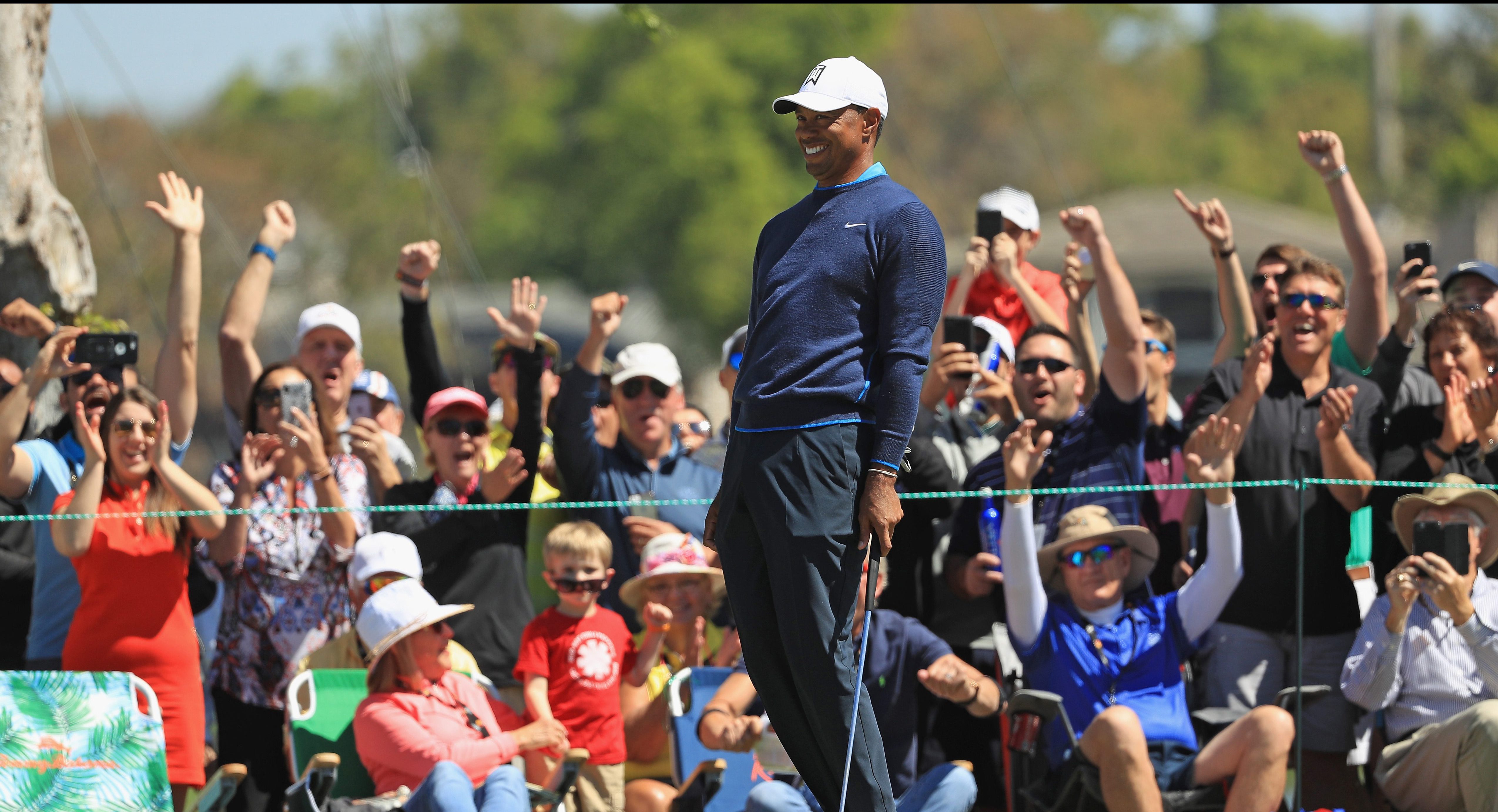 ORLANDO, FL - MARCH 15: Tiger Woods reacts to his birdie putt on the seventh hole during the first round at the Arnold Palmer Invitational Presented By MasterCard at Bay Hill Club and Lodge on March 15, 2018 in Orlando, Florida. (Photo by Mike Ehrmann/Getty Images)