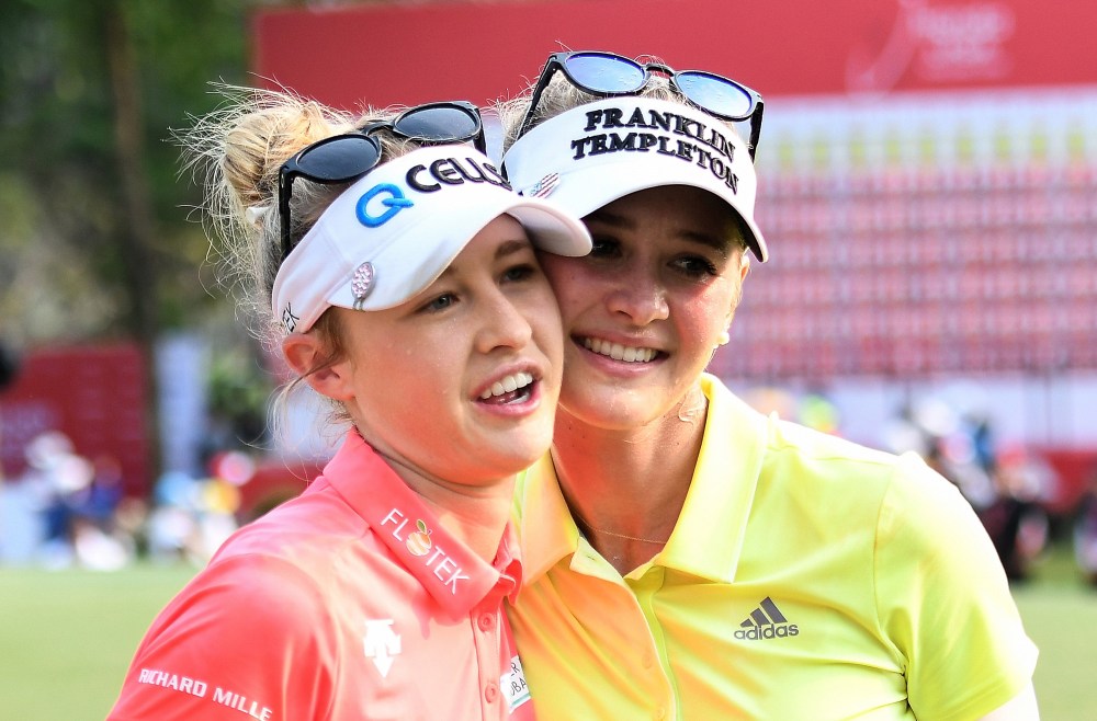 CHONBURI, THAILAND - FEBRUARY 25: Jessica Korda and Nelly Korda of United States celebrate after the Honda LPGA Thailand at Siam Country Club on February 25, 2018 in Chonburi, Thailand. (Photo by Thananuwat Srirasant/Getty Images)