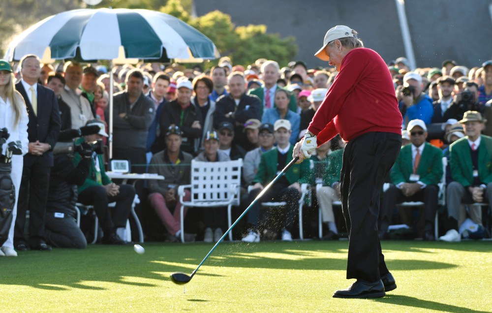 Apr 5, 2018; Augusta, GA, USA; Jack Nicklaus hits his ceremonial tee shot on the 1st hole during the first round of the Masters golf tournament at Augusta National GC. Mandatory Credit: Michael Madrid-USA TODAY Sports