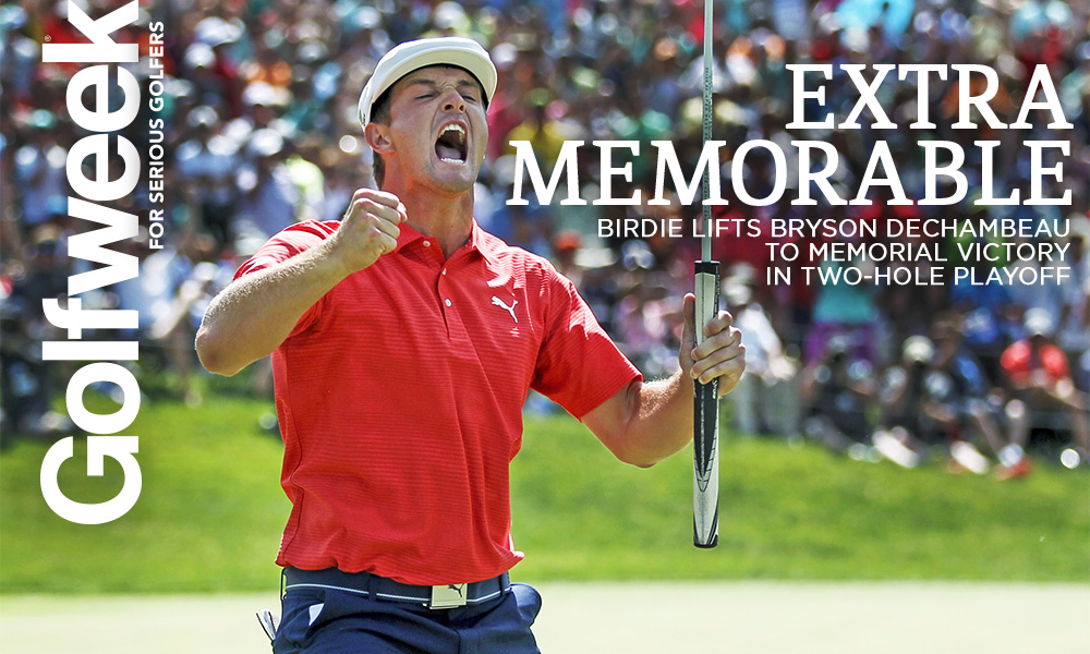 Jun 3, 2018; Dublin, OH, USA; Bryson DeChambeau celebrates after winning The Memorial golf tournament at Muirfield Village Golf Club. Mandatory Credit: Caylor Arnold-USA TODAY Sports