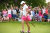 SCARSDALE, NY - JUNE 08: Paula Grant of Great Britian & Ireland celebrates after a birdie putt on the 18th green during four-ball matches on day one of the 2018 Curtis Cup at Quaker Ridge Golf Club on June 8, 2018 in Scarsdale, New York. (Photo by Ross Kinnaird/R&A/R&A via Getty Images)