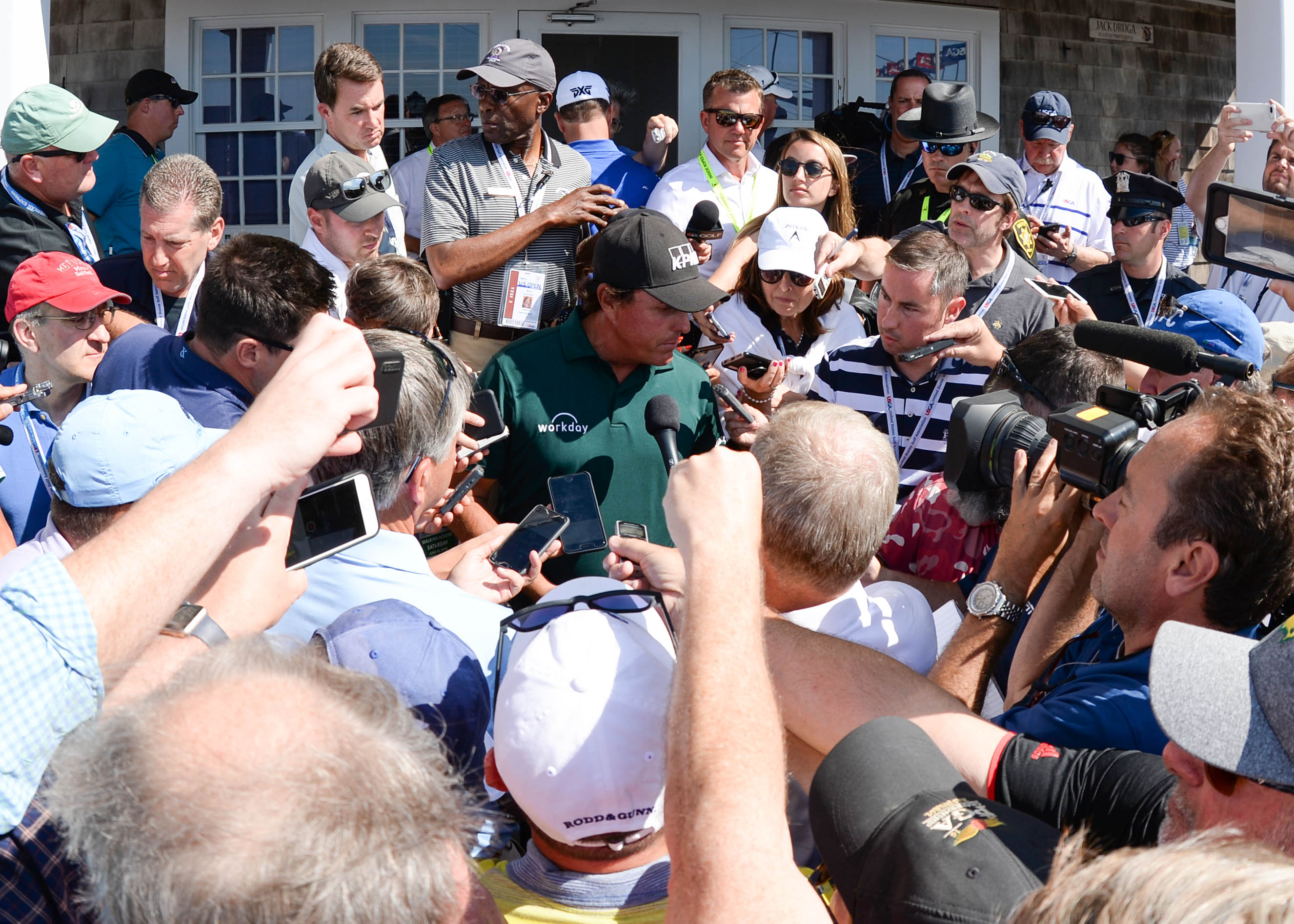 Jun 16, 2018; Southampton, NY, USA; Phil Mickelson speaks to media after playing the third round of the U.S. Open golf tournament at Shinnecock Hills GC - Shinnecock Hills Golf C. Mandatory Credit: Dennis Schneidler-USA TODAY Sports