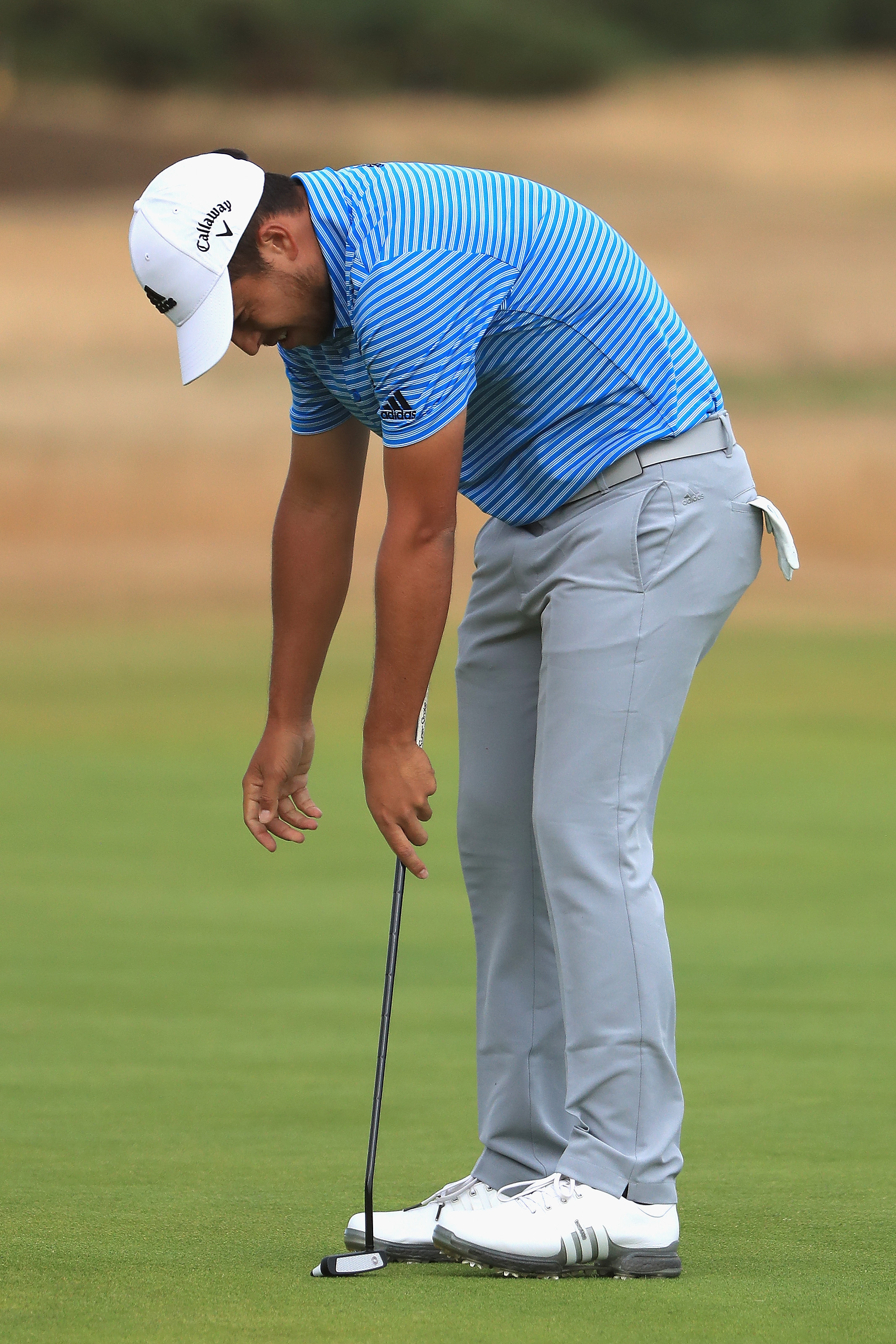 CARNOUSTIE, SCOTLAND - JULY 21: Xander Schauffele of the United States reacts to a missed putt during the third round of the 147th Open Championship at Carnoustie Golf Club on July 21, 2018 in Carnoustie, Scotland. (Photo by Sam Greenwood/Getty Images)