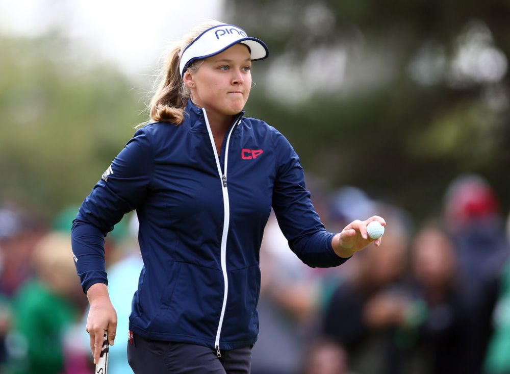 REGINA, CANADA - AUGUST 25: Brooke Henderson of Canada reacts after sinking a putt on the 5th green during the third round of the CP Womens Open at the Wascana Country Club on August 25, 2018 in Regina, Canada. (Photo by Vaughn Ridley/Getty Images)
