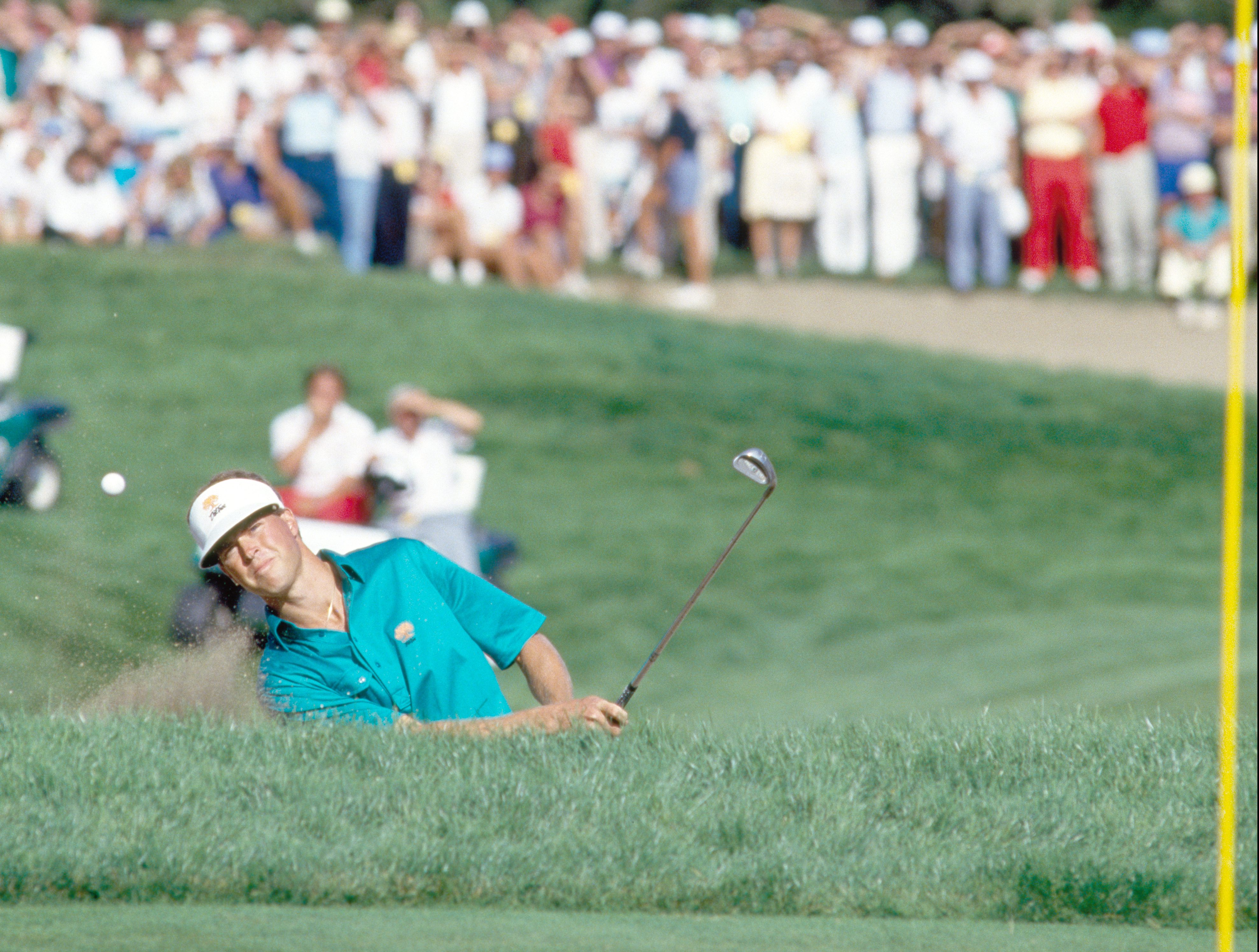 Bob Tway of the United States hitting onto the green during the US PGA Championship held at the Inverness Golf Club, Ohio, 11th August 1986. Tway won the tournament, winning the play-off by two strokes. (Photo by Phil Sheldon/Popperfoto/Getty Images)