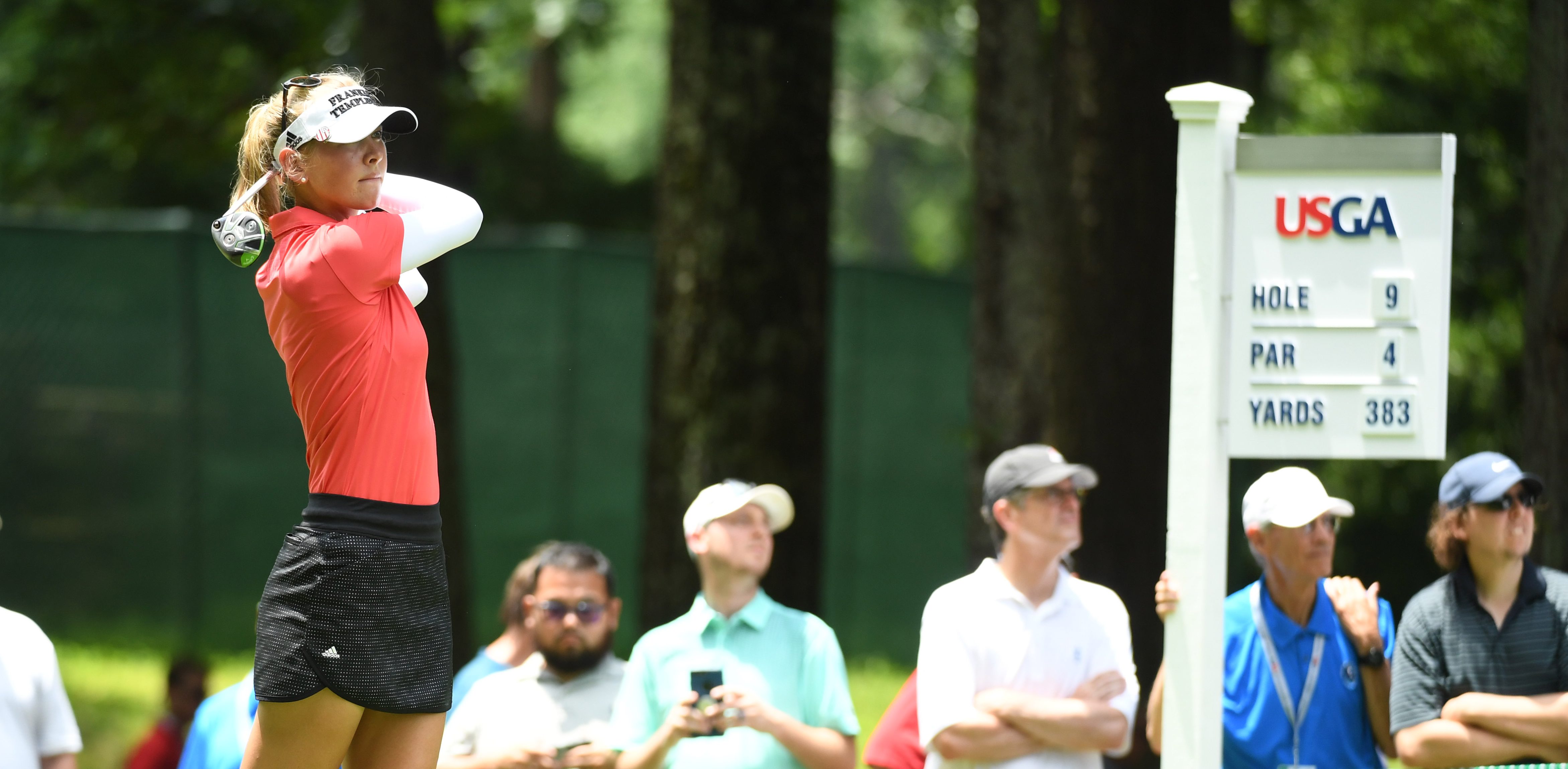 May 31, 2018; Shoal Creek, AL, USA; Jessica Korda hits from the ninth tee during the first round of the U.S. Women's Open Championship golf tournament at Shoal Creek. Mandatory Credit: John David Mercer-USA TODAY Sports