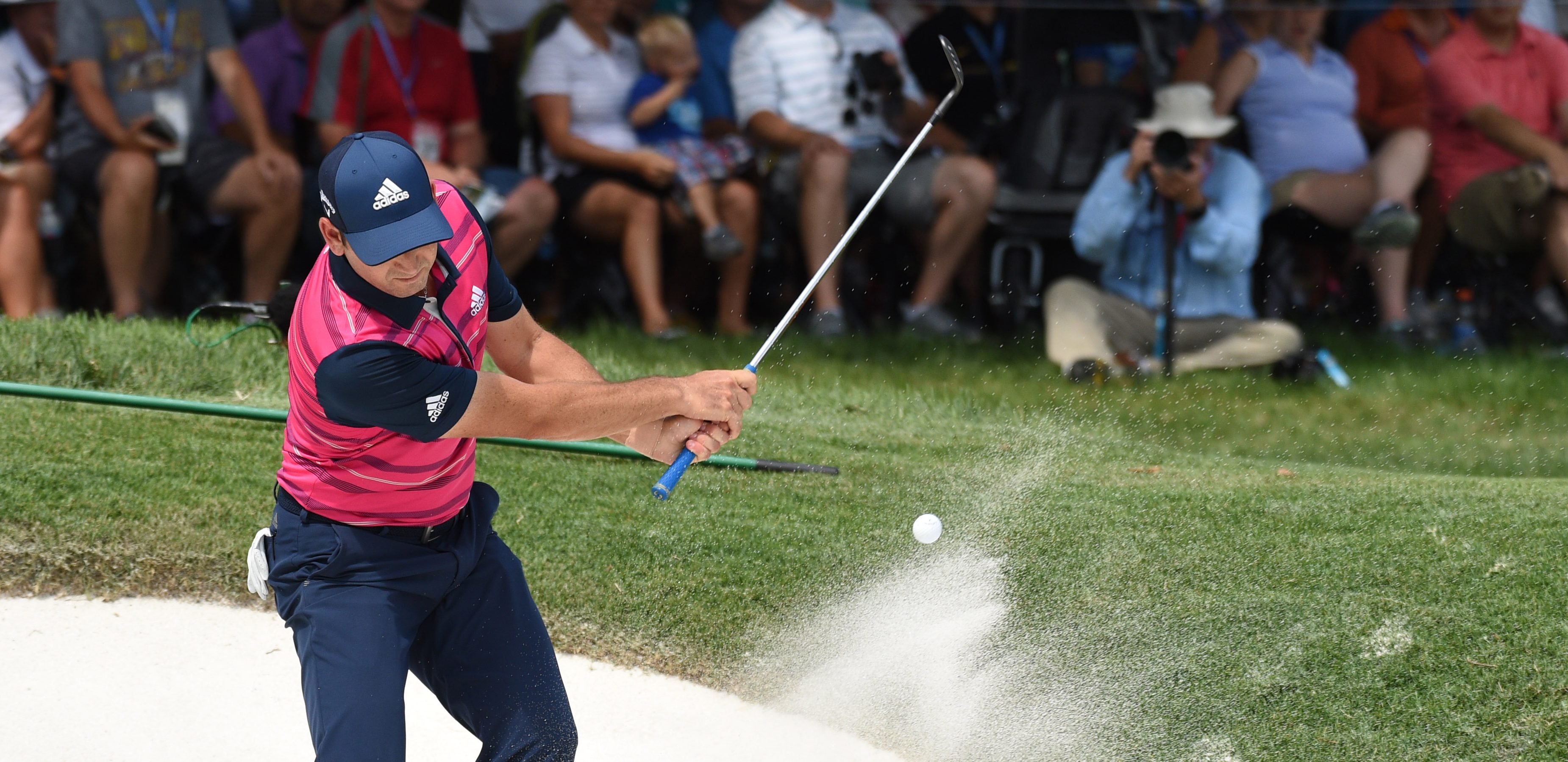 Aug 9, 2018; Saint Louis, MO, USA; Sergio Garcia hits out of a bunker on the 6th hole during the first round of the PGA Championship golf tournament at Bellerive Country Club. Mandatory Credit: John David Mercer-USA TODAY Sports