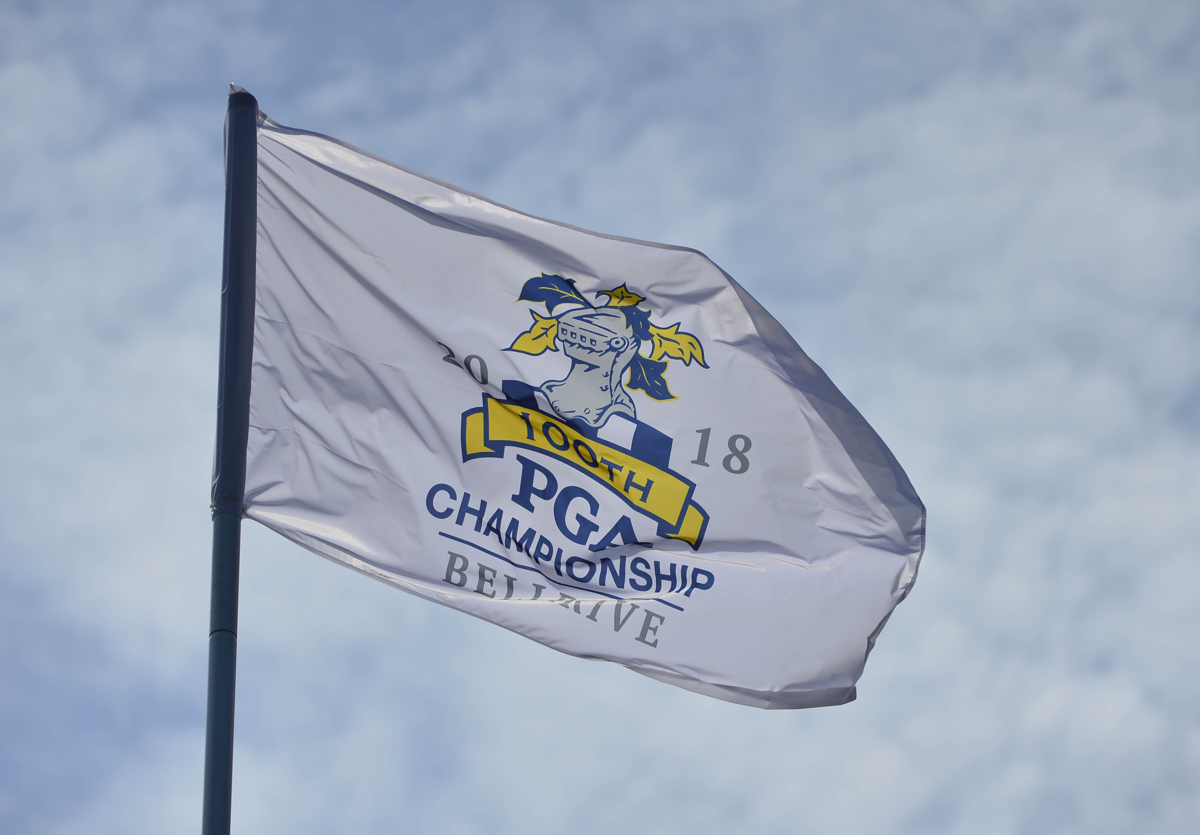 Aug 9, 2018; Saint Louis, MO, USA; General view of a PGA Championship flag during the first round of the PGA Championship golf tournament at Bellerive Country Club. Mandatory Credit: Jeff Curry-USA TODAY Sports