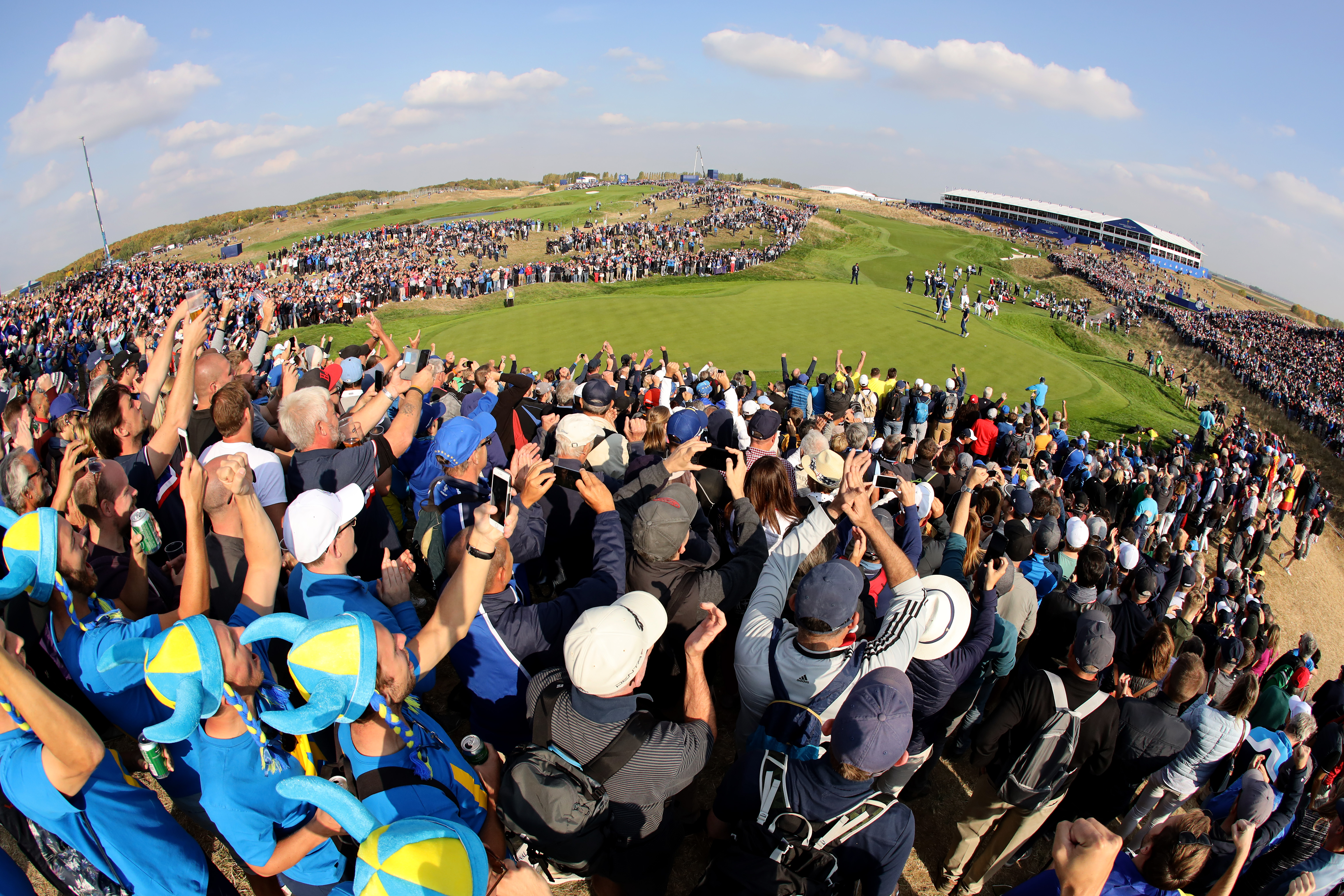 PARIS, FRANCE - SEPTEMBER 28: Ian Poulter salutes the crowd as they cheer on the 12th green during the afternoon foursome matches of the 2018 Ryder Cup at Le Golf National on September 28, 2018 in Paris, France. (Photo by Richard Heathcote/Getty Images)