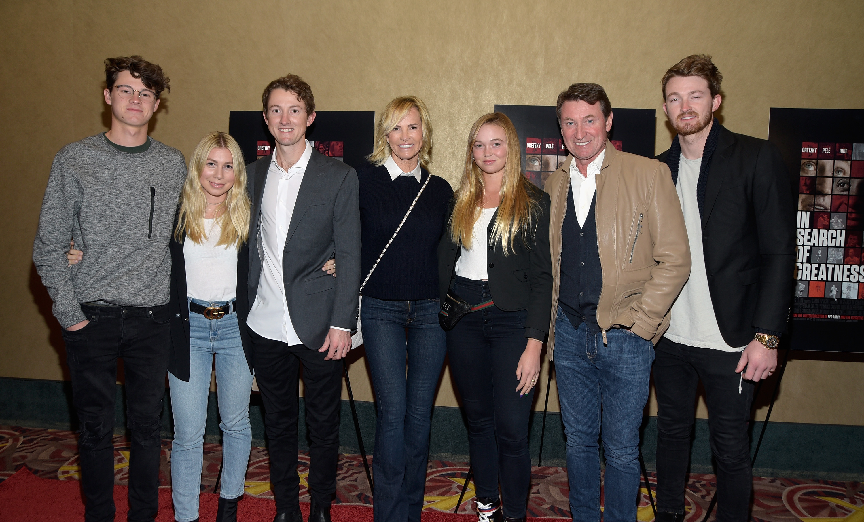 CENTURY CITY, CA - NOVEMBER 01: (L - R) Tristan Gretsky, guest, Ty Gretzky, actress Janet Jones, Emma Gretzky, NHL legend Wayne Gretzky and Trevor Gretzky attend the Los Angeles premiere of "In Search Of Greatness" released by IMG Films, AOS Art Of Sport and Moviepass Films at AMC Century City 15 theater on November 1, 2018 in Century City, California. (Photo by Michael Tullberg/Getty Images)