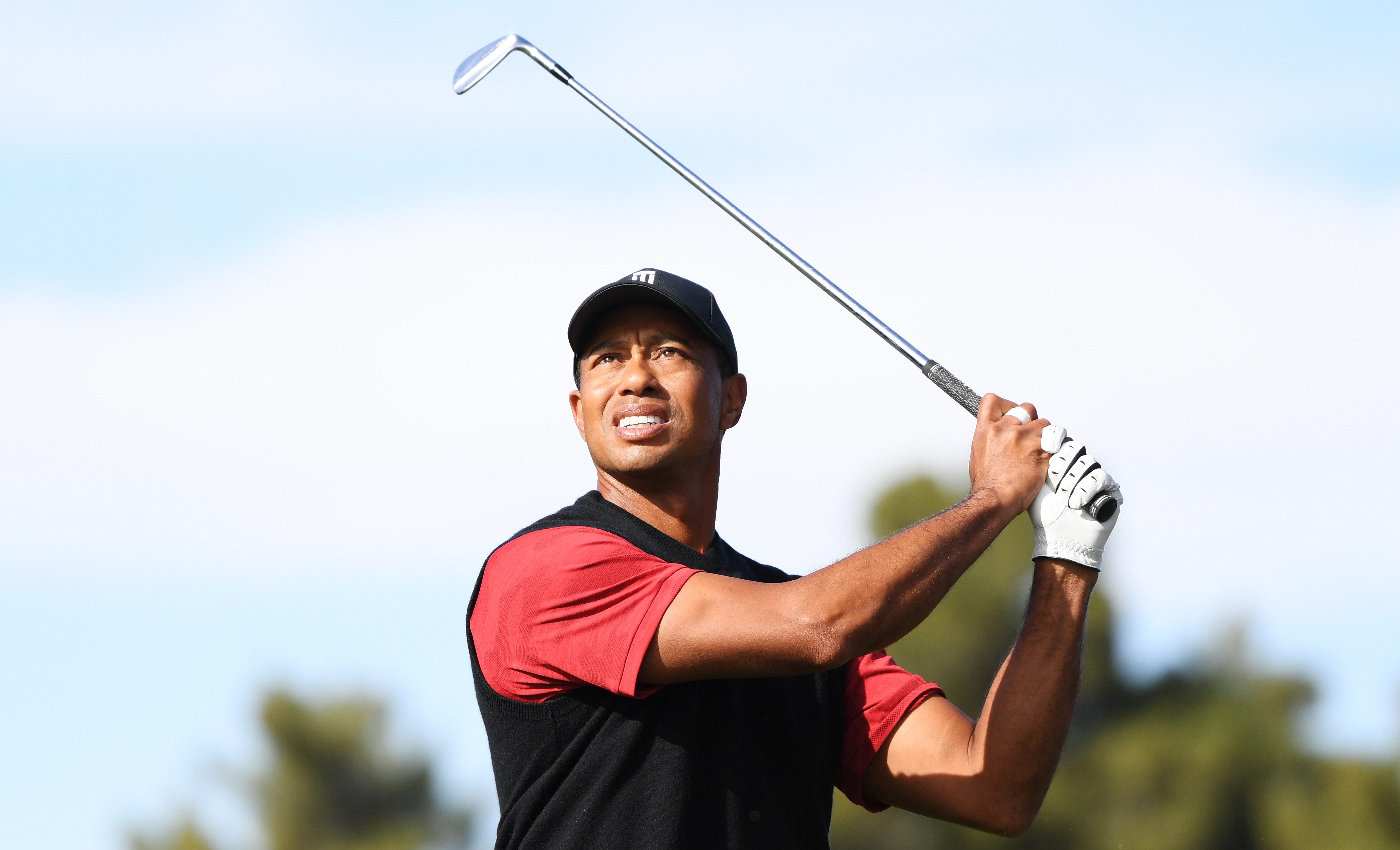 LAS VEGAS, NV - NOVEMBER 23: Tiger Woods plays his second shot on the second hole during The Match: Tiger vs Phil at Shadow Creek Golf Course on November 23, 2018 in Las Vegas, Nevada. (Photo by Harry How/Getty Images for The Match)