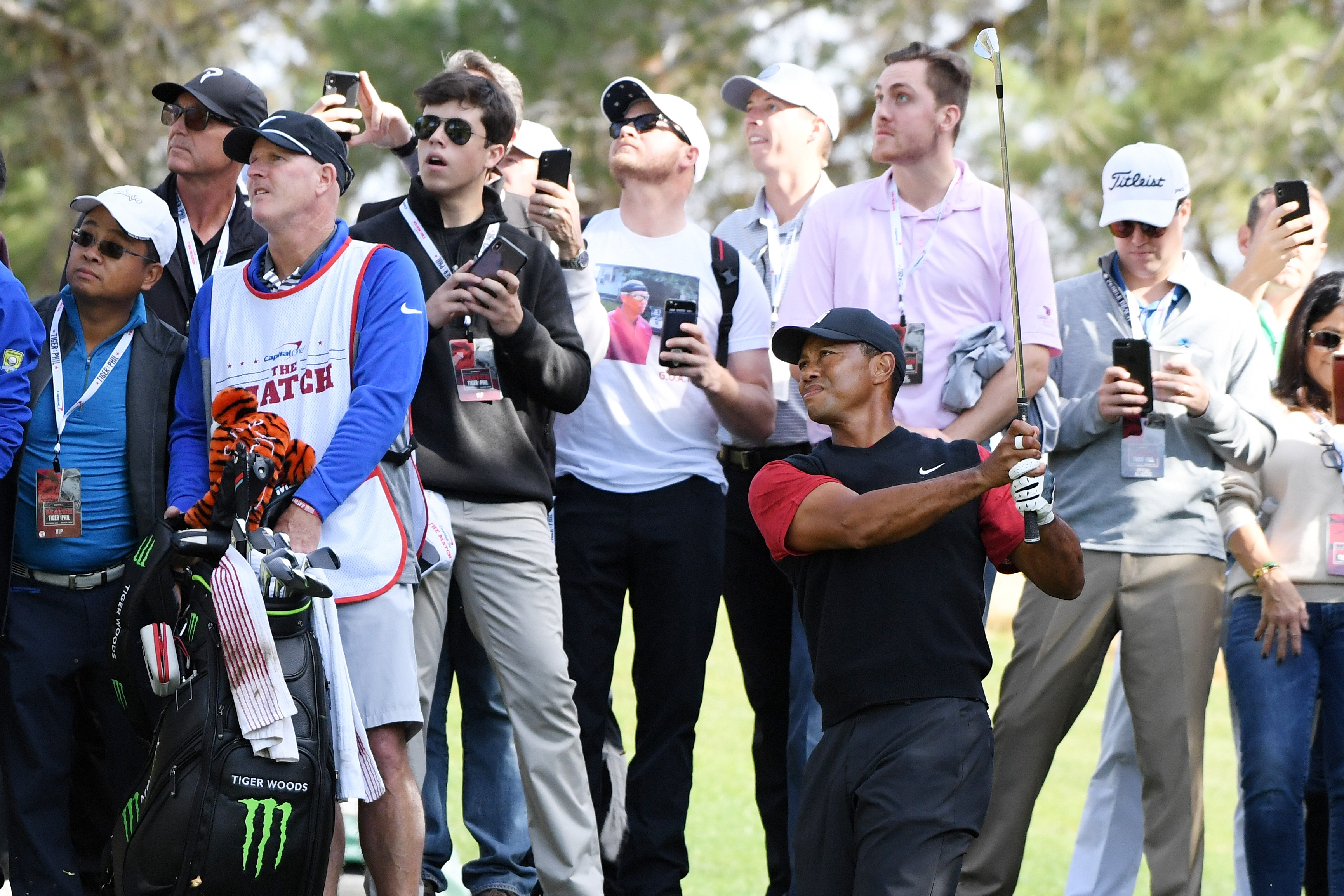 LAS VEGAS, NV - NOVEMBER 23: Tiger Woods plays his second shot on the third hole during The Match: Tiger vs Phil at Shadow Creek Golf Course on November 23, 2018 in Las Vegas, Nevada. (Photo by Harry How/Getty Images for The Match)