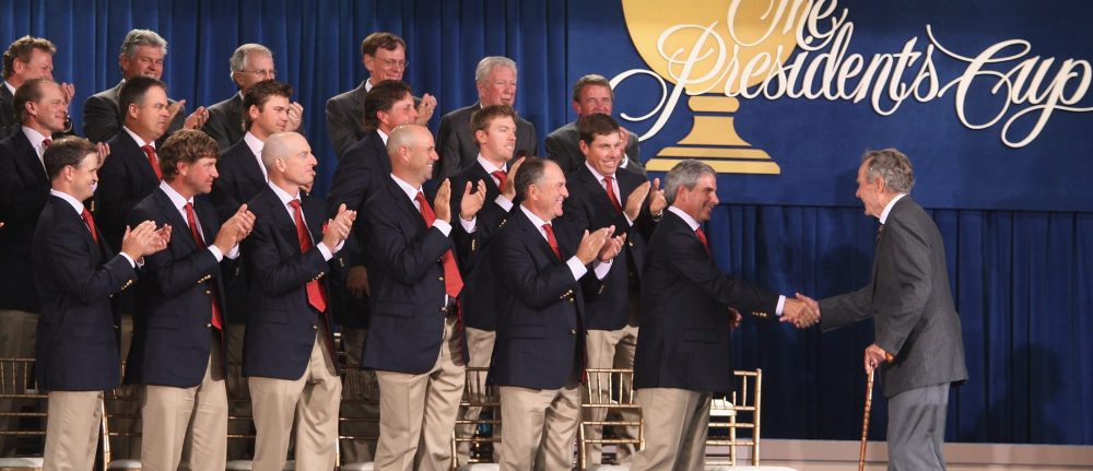 SAN FRANCISCO - OCTOBER 07: Former President George H. W. Bush shakes hands with American Captain Fred Couples during the Opening Ceremony of The Presidents Cup at Harding Park Golf Course on October 7, 2009 in San Francisco, California. (Photo by Warren Little/Getty Images)