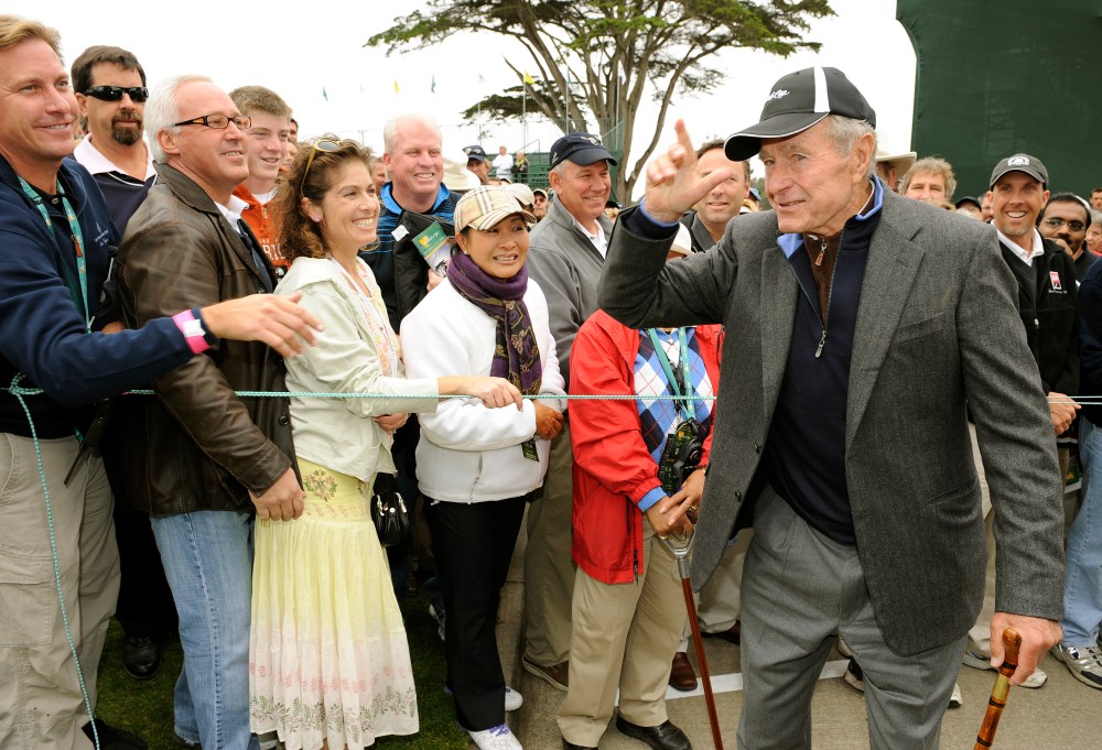 SAN FRANCISCO - OCTOBER 8: Former President George H.W. Bush tips his cap walking to the first tee box during the first round foursome matches for The Presidents Cup at Harding Park Golf Club on October 8, 2009 in San Francisco, California. (Photo by Stan Badz/PGA TOUR)
