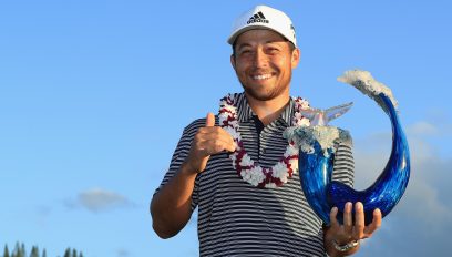 LAHAINA, HI - JANUARY 06: Xander Schauffele of the United States poses with the trophy after winning the Sentry Tournament of Champions at the Plantation Course at Kapalua Golf Club on January 6, 2019 in Lahaina, Hawaii. (Photo by Sam Greenwood/Getty Images)