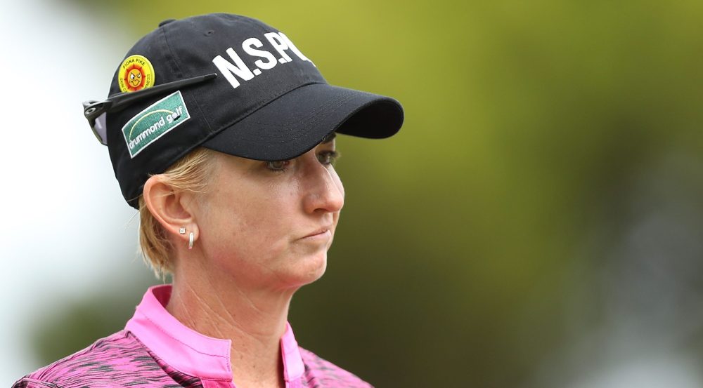 ADELAIDE, AUSTRALIA - FEBRUARY 15: Karrie Webb of Australia reacts to missing a putt during day one of the ISPS Handa Australian Women's Open at Kooyonga Golf Club on February 15, 2018 in Adelaide, Australia. (Photo by Mark Metcalfe/Getty Images)