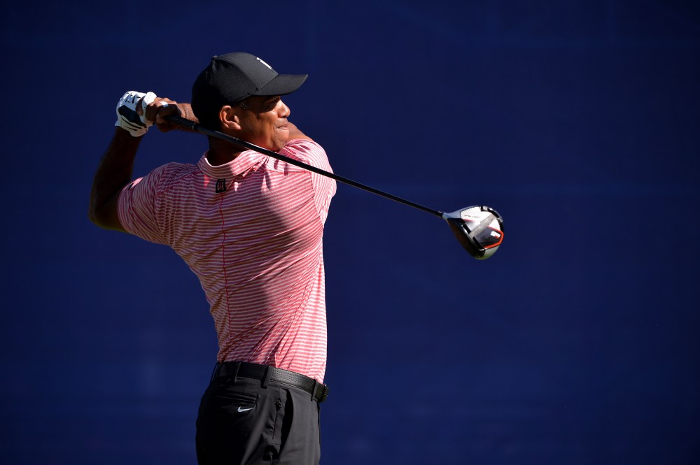 Jan 27, 2019; San Diego, CA, USA; Tiger Woods plays his shot from the seventh tee during the final round of the Farmers Insurance Open golf tournament at Torrey Pines Municipal Golf Course - South Course. Mandatory Credit: Orlando Ramirez-USA TODAY Sports