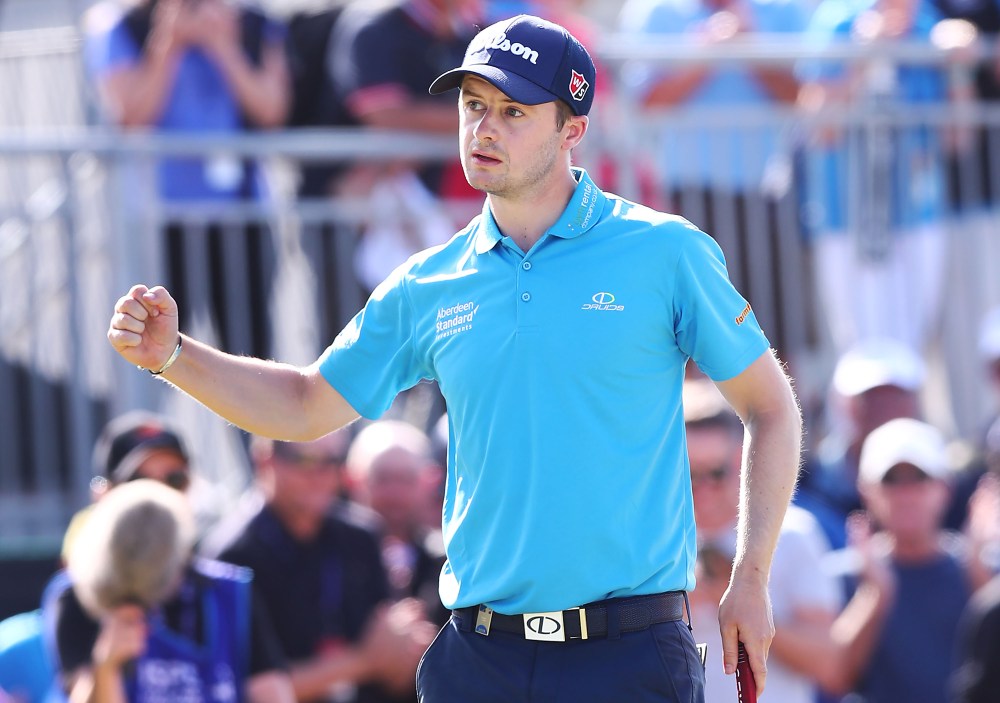 GEELONG, AUSTRALIA - FEBRUARY 10: David Law of Scotland celebrates after making this eagle putt on the 18th green to win trophy during Day four of the ISPS Handa Vic Open at 13th Beach Golf Club on February 10, 2019 in Geelong, Australia. (Photo by Michael Dodge/Getty Images)