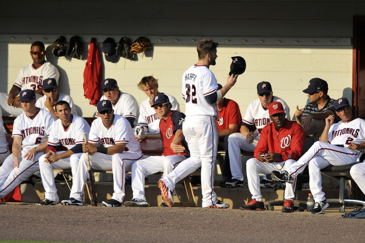 Bryce Harper with his minor league teammates while rehabbing in Potomac in 2013 (USA TODAY Sports Images)