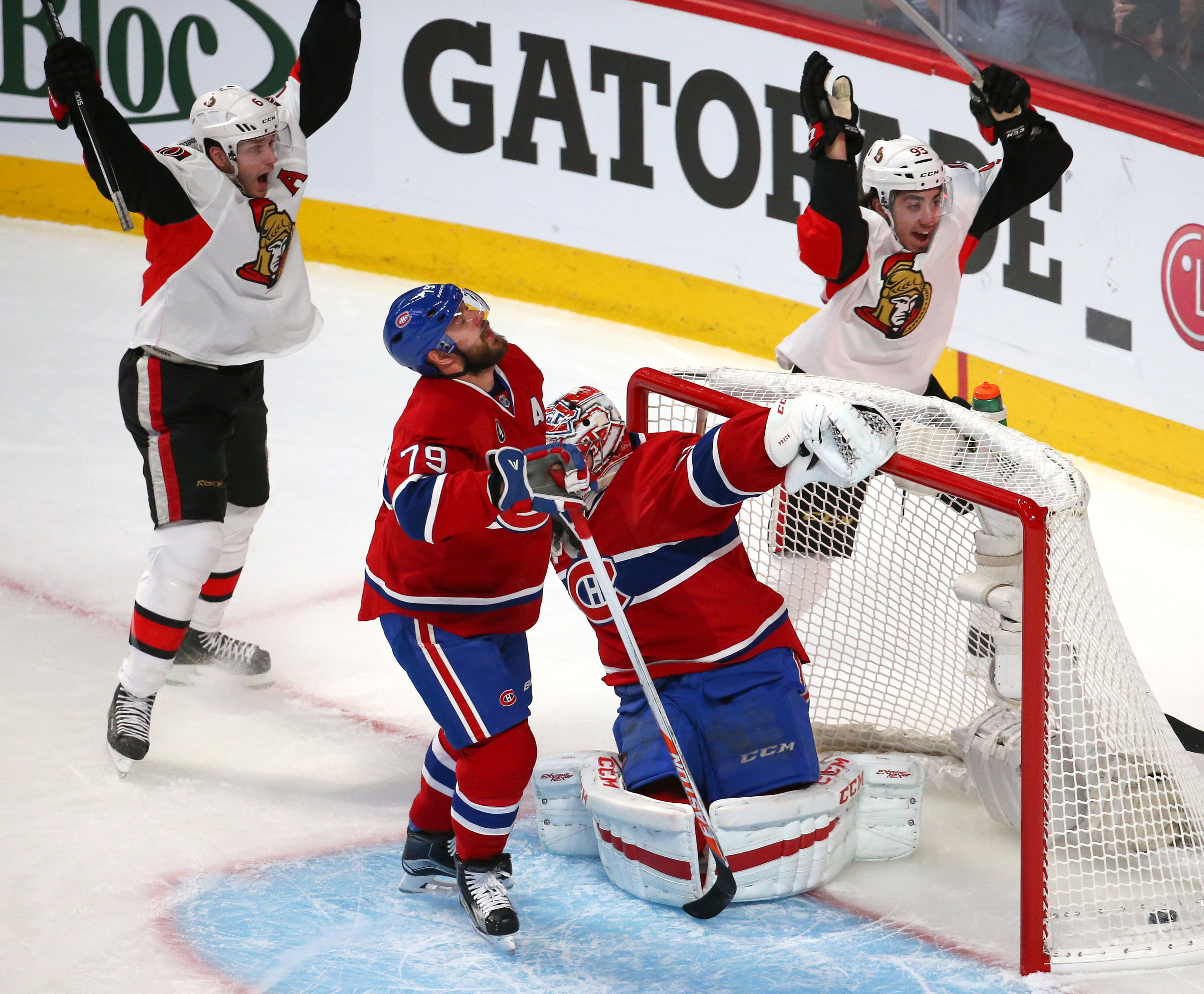 Andrei Markov looks up after scoring on his own goalie. (Jean-Yves Ahern, USA TODAY Sports)