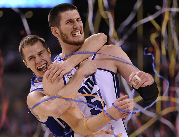 4/5/10 11:36:54 PM -- Indianapolis, IN, U.S.A  -- 2010 NCAA  mens Final Four  national basketball championship -- Championship game-  Butler Bulldogs v Duke Blue Devils --- Duke guard Jon Scheyer (30) and Duke center Brian Zoubek (55) after win.   Photo by EILEEN BLASS, USA TODAY Staff  ORG XMIT: Final four 4/2/2010  (Via OlyDrop)