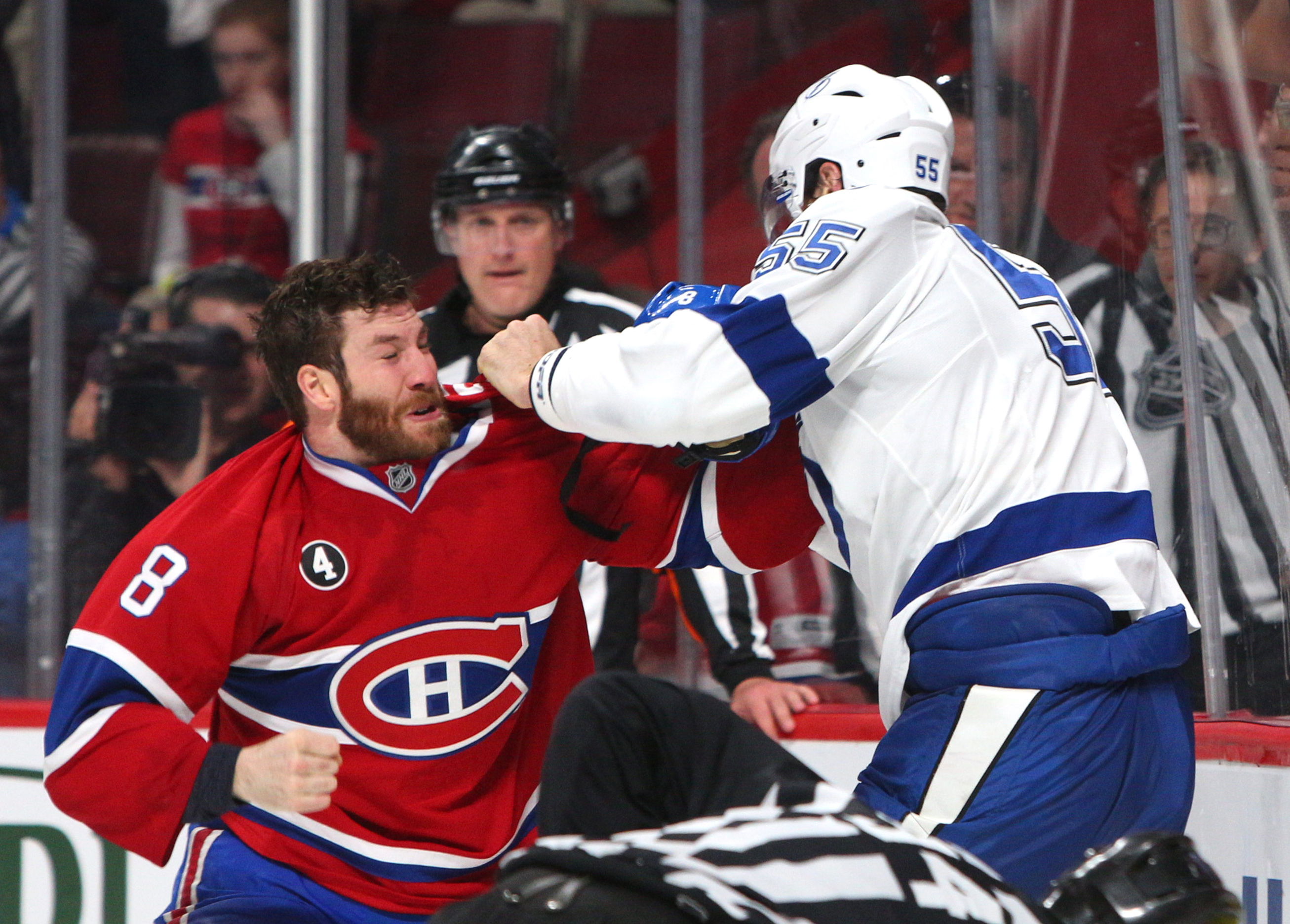 Brandon Prust, left, and Braydon Coburn fight in the third period. (Jean-Yves Ahern, USA TODAY Sports)