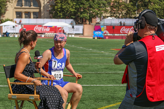 Olivia takes on her new stardom, answering questions on ESPN. Aaron Mills/Special Olympics USA)