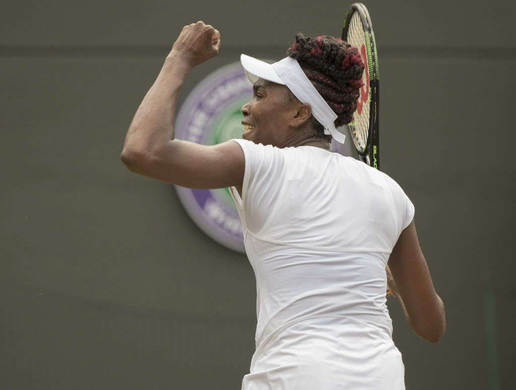 Jul 5, 2016; London, United Kingdom; Venus Williams (USA) celebrates match point during her match against Yaroslava Shvedova (KAZ) on day nine of the 2016 The Championships Wimbledon. Mandatory Credit: Susan Mullane-USA TODAY Sports ORG XMIT: USATSI-265026 ORIG FILE ID: 20160705_jla_au2_335.jpg