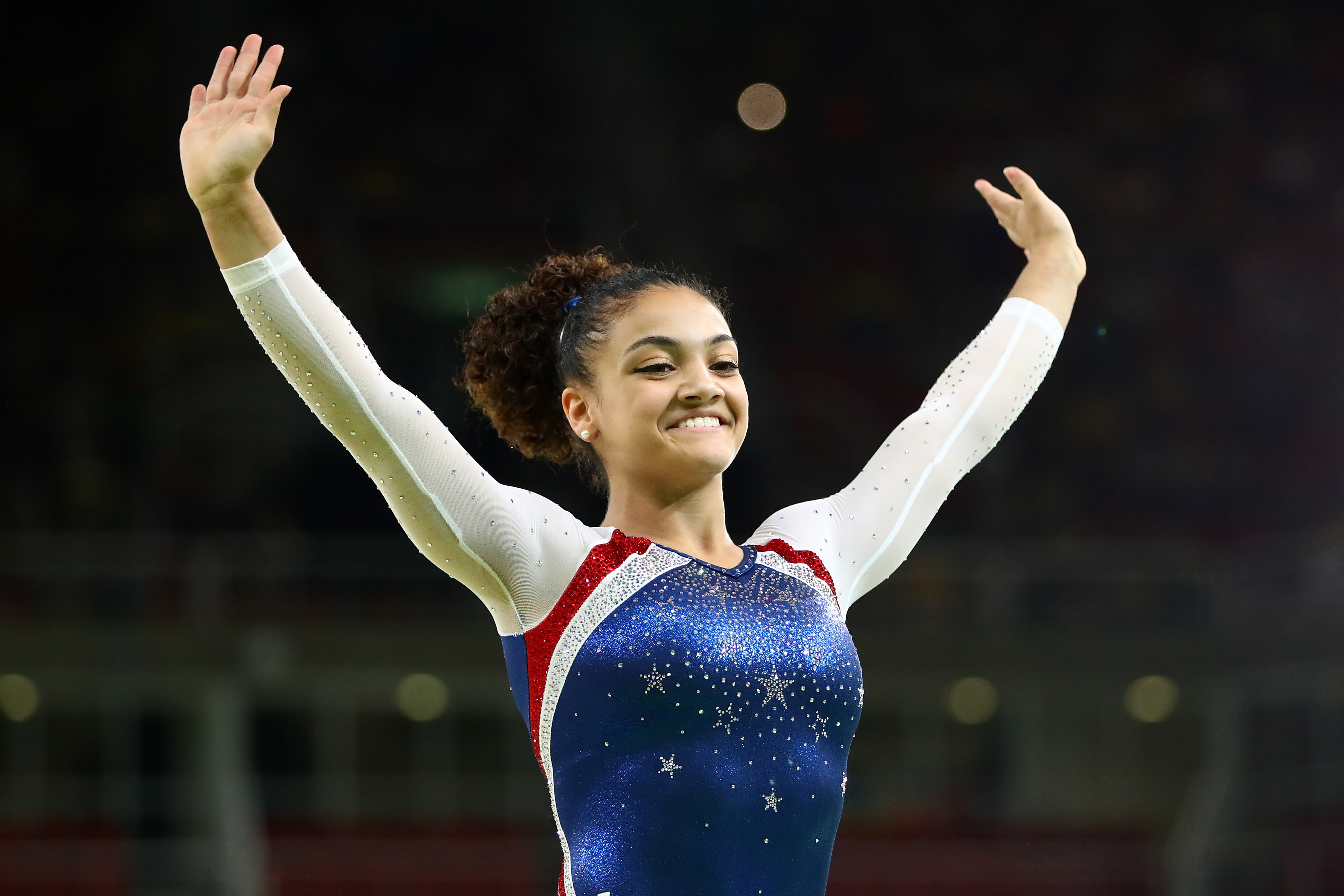 RIO DE JANEIRO, BRAZIL - AUGUST 17: Laurie Hernandez of the United States performs during the Gymnastics Rio Gala on Day 12 of the 2016 Rio Olympic Games on August 17, 2016 in Rio de Janeiro, Brazil. (Photo by Clive Brunskill/Getty Images) ORG XMIT: 662084045 ORIG FILE ID: 591564392