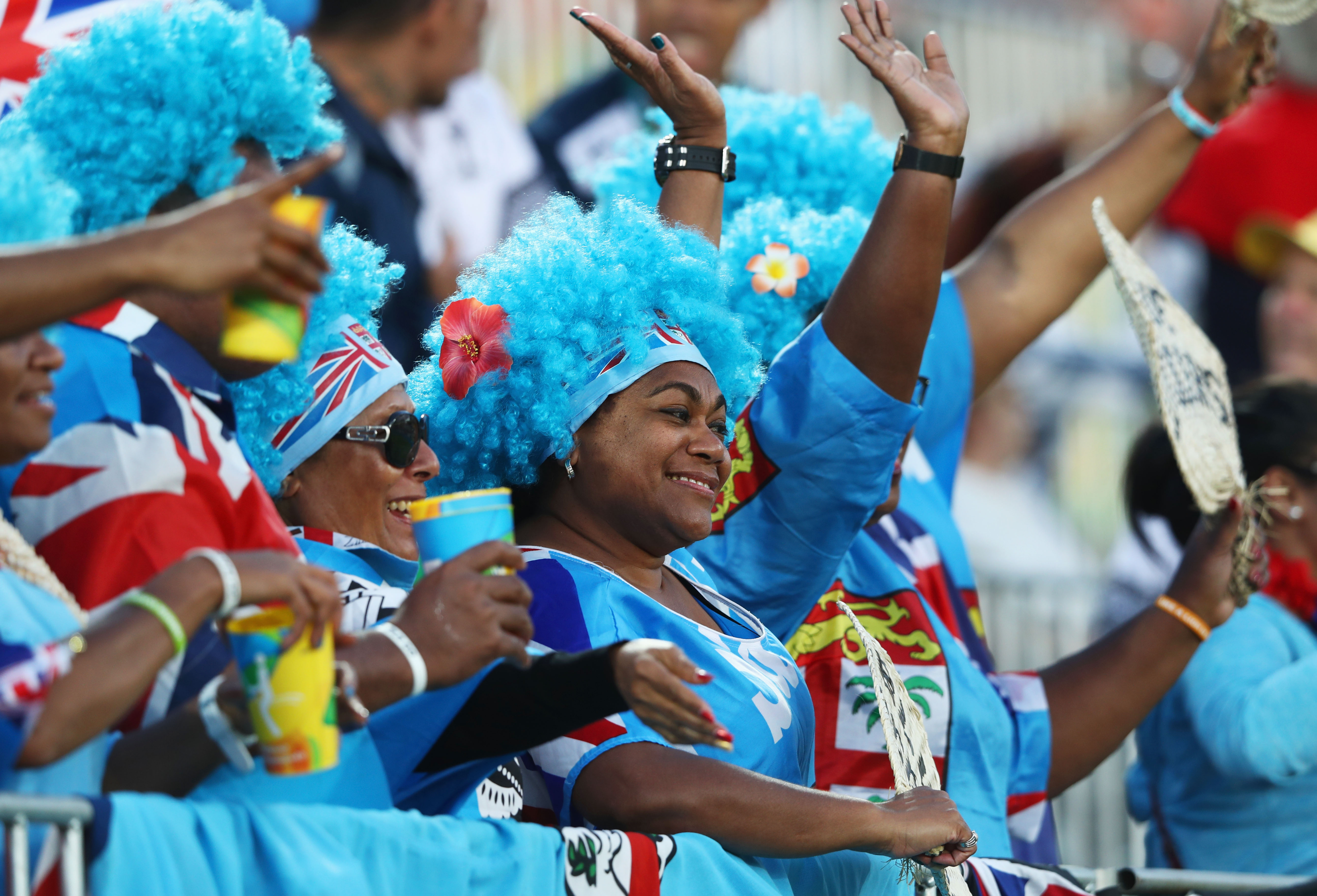 RIO DE JANEIRO, BRAZIL - AUGUST 11: Fiji fans show their support on Day 6 of the Rio 2016 Olympics at Deodoro Stadium on August 11, 2016 in Rio de Janeiro, Brazil. (Photo by David Rogers/Getty Images) ORG XMIT: 631436349 ORIG FILE ID: 588551052