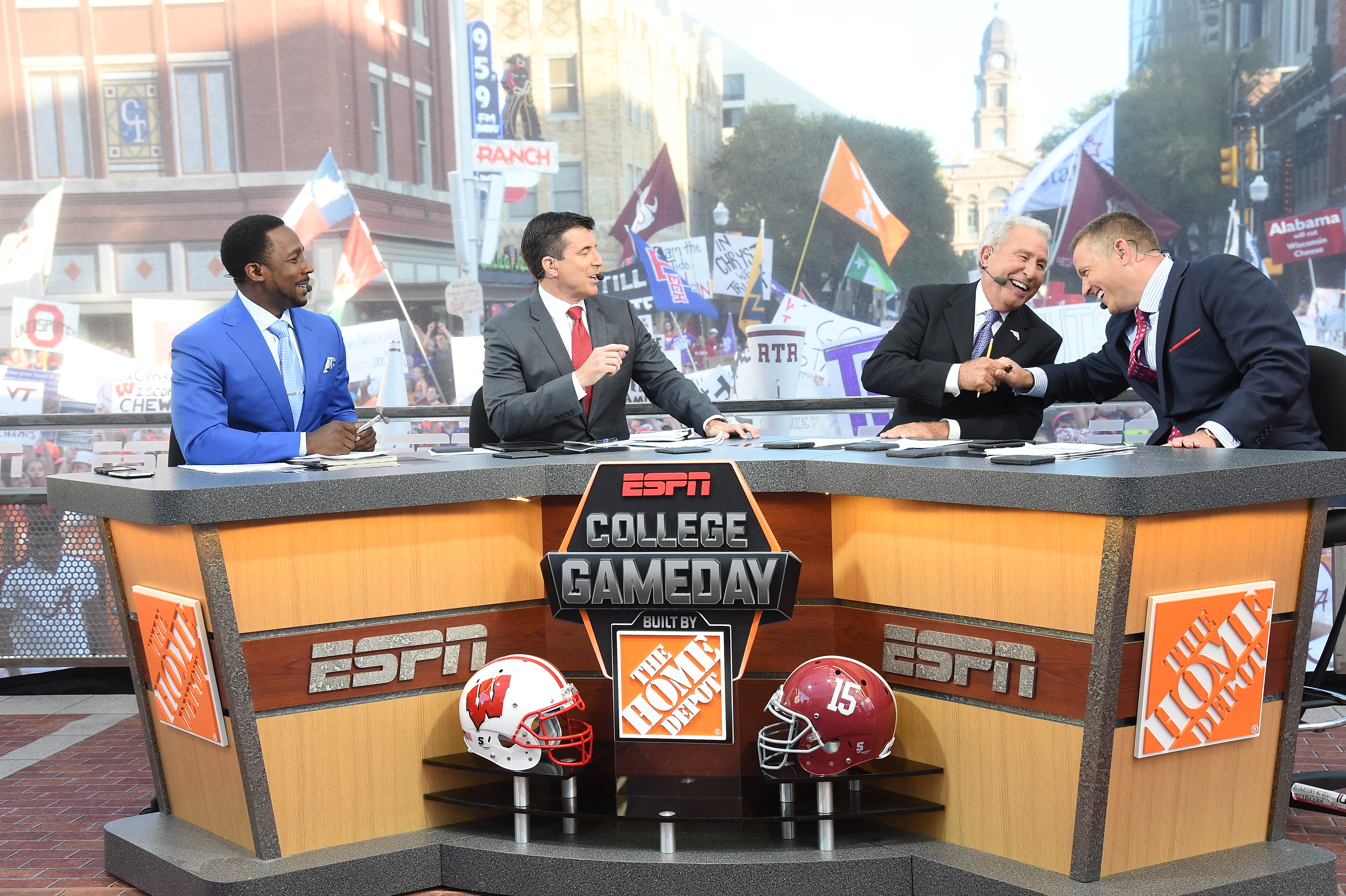 Fort Worth, TX - September 5, 2015 - Sundance Square: (L to R) Desmond Howard, Rece Davis, Lee Corso and Kirk Herbstreit on the set of College GameDay Built by the Home Depot (Photo by Scott Clarke / ESPN Images) [Via MerlinFTP Drop]