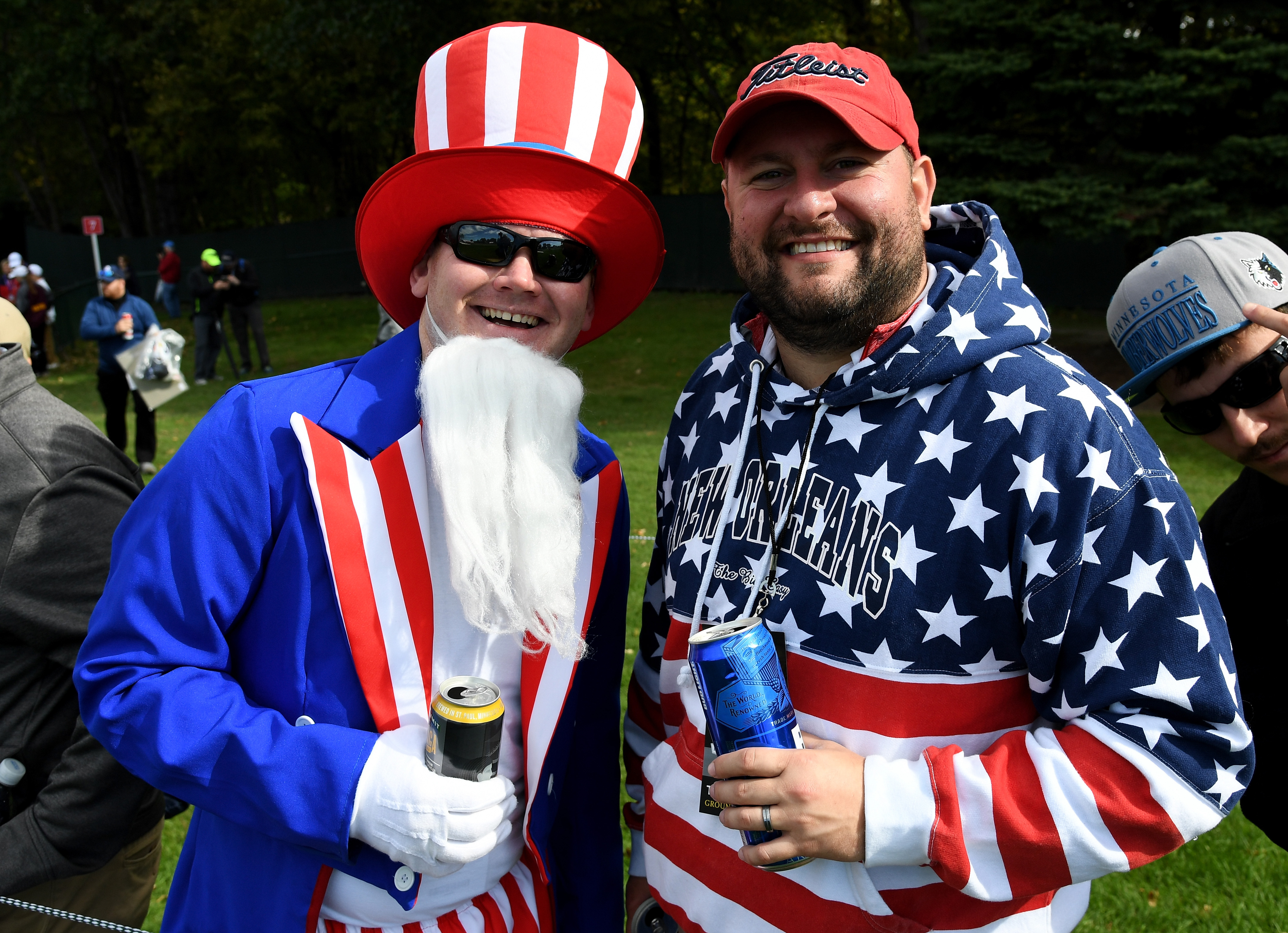 CHASKA, MN - SEPTEMBER 27: United States fans pose during practice prior to the 2016 Ryder Cup at Hazeltine National Golf Club on September 27, 2016 in Chaska, Minnesota. (Photo by Ross Kinnaird/Getty Images) ORG XMIT: 672192937 ORIG FILE ID: 610703902