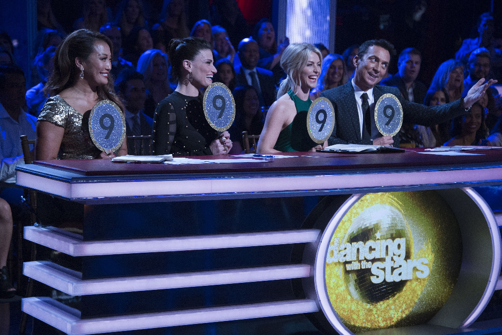 DANCING WITH THE STARS - "Episode 2309" - The six remaining celebrities will dance two show-stopping dances - one from some of the hottest Broadway musicals, and a second where they are paired up for a "Team-Up Challenge" - as "Showstoppers" night comes to "Dancing with the Stars," live, MONDAY, NOVEMBER 7 (8:00-10:01 p.m. EST), on the ABC Television Network. (ABC/Eric McCandless) CARRIE ANN INABA, IDINA MENZEL, JULIANNE HOUGH, BRUNO TONIOLI