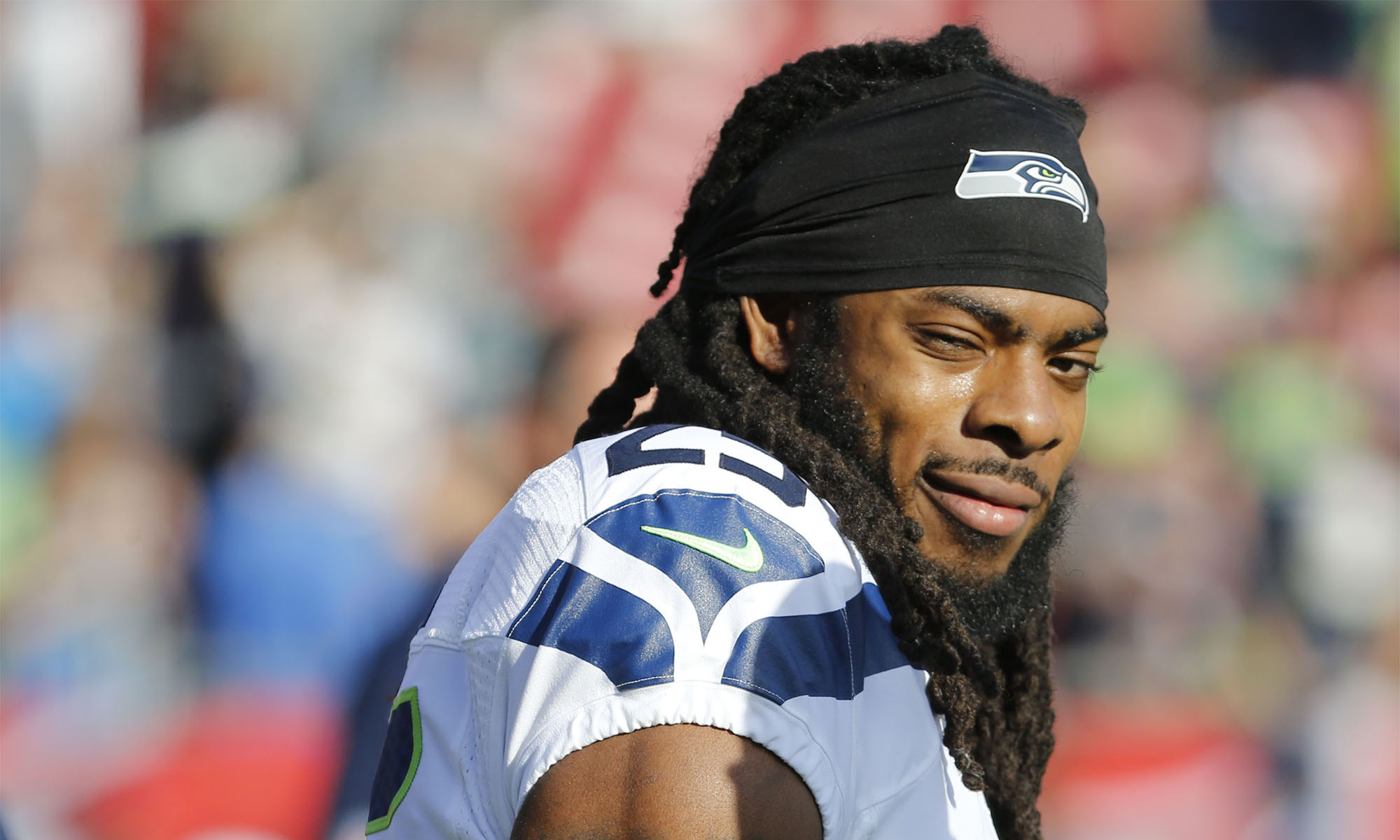Nov 27, 2016; Tampa, FL, USA; Seattle Seahawks cornerback Richard Sherman (25) looks on prior to the game against the Tampa Bay Buccaneers at Raymond James Stadium. Mandatory Credit: Kim Klement-USA TODAY Sports
