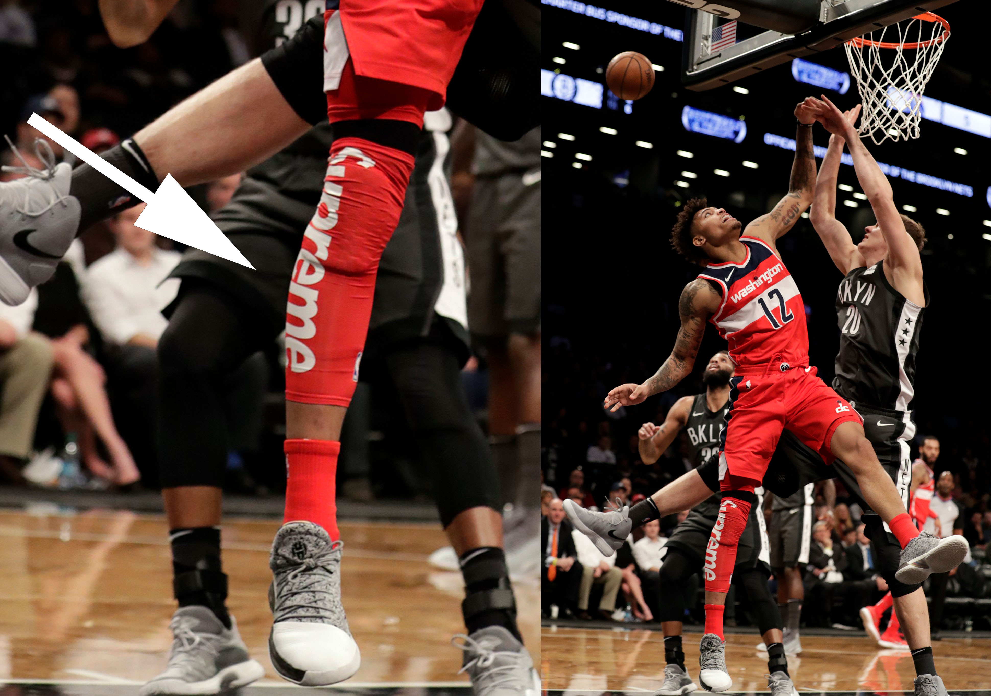 Wizards Kelly Oubre wearing Supreme leg sleeve in NBA game